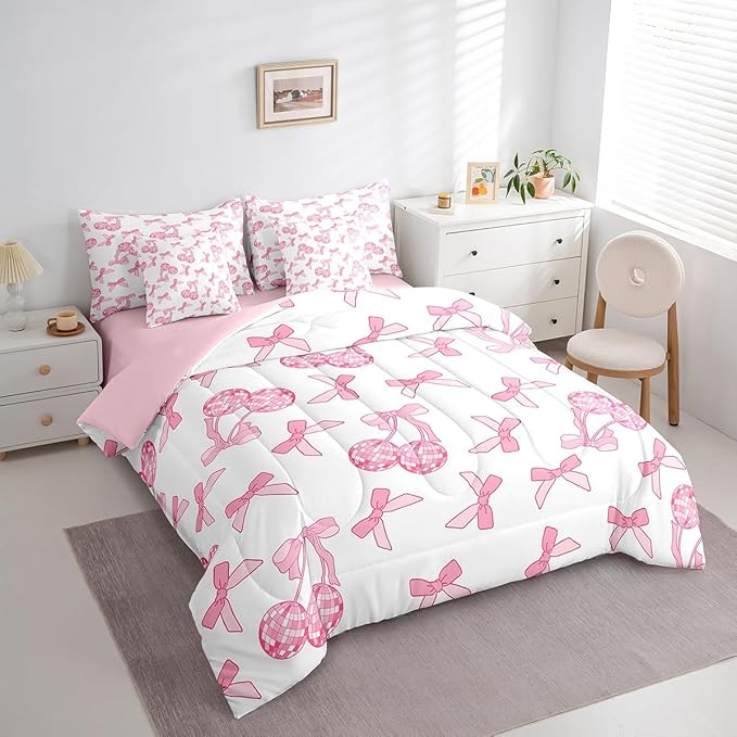 7 Pieces Cartoon Bowknot Kids Comforter Set King,Western Cowgirl Disco Ball Retro Bedding Set,Bow Tie Cute Princess Pink Romantic（Comforter+Fitted+Flat Sheet+2 Pillowcases+2 Throw Pillow Covers）