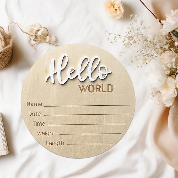 Baby Announcement Sign, 5.9 Inch Wooden Hello World Newborn Signs, Birth Announcement Sign, Baby Shower Hospital Nursery for Newborn Boys and Girls (White,Pen)