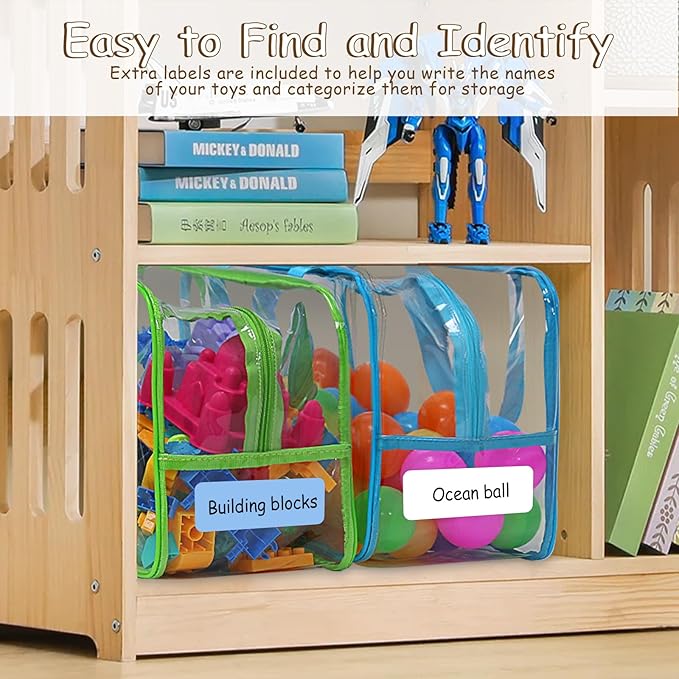 12.6 * 9.25 * 6.9 IN Extra Large Toy Storage Bags, 6 Packs Clear Colorful Waterproof Toy Organizer Bags with Labels, Dual Zippers and Portable Handheld Design, Board Game Storage for Building Blocks