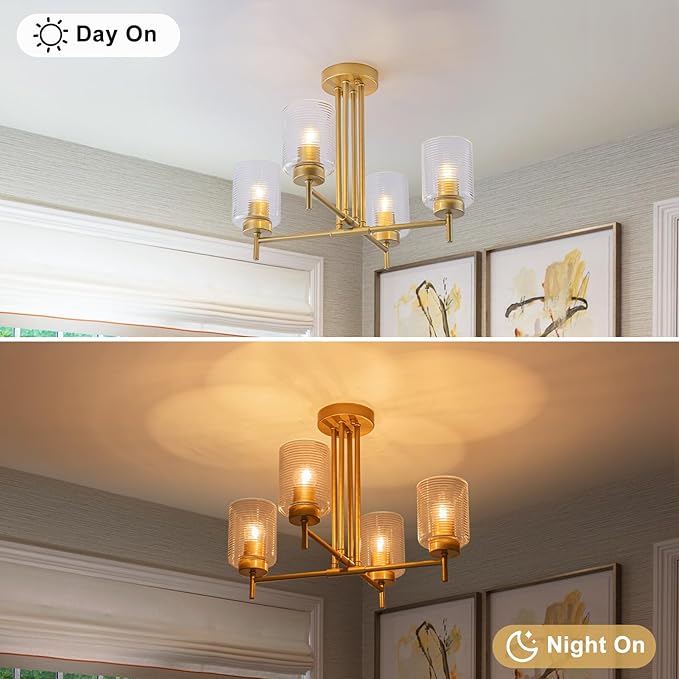 Gold Sputnik Semi Flush Mount Ceiling Light Fixture 4-Light Modern Sputnik Chandelier with Striped Glass Shade for Living Room Dining Room Kitchen Island Bedroom Hallway Entryway Foyer