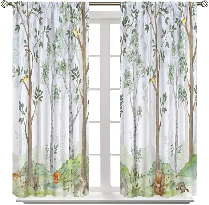 Kids Animal Curtains, Watercolor Natural Forest Animal Hedgehog Fox Butterfly Rabbits Forest Print Curtain Boys and Girl Bedrooms 42x63in