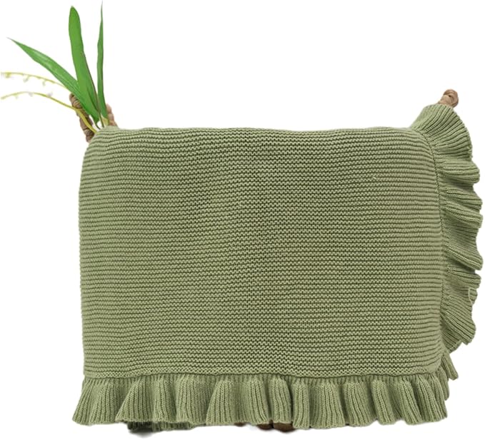 Cotton Baby Blanket with Ruffle Edge Soft Breathable Newborn Blanket for Boys & Girls, Lightweight Knit Throw for Crib, Stroller & Nursery Multiple Colors Available Sage Green 28x36