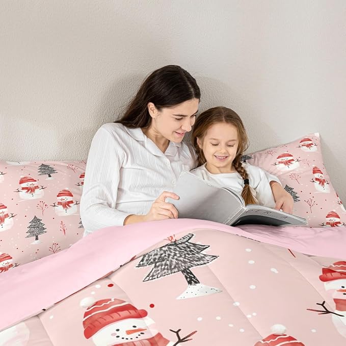 Feelyou Cute Snowman Bedding Set Soft for Boys Girls, Christmas Trees Comforter Set Full Size Xmas Snowflake Duvet Quilt Microfiber Christmas Decor Bedroom Decor Holiday 3 Pcs with 2 Pillow Cases