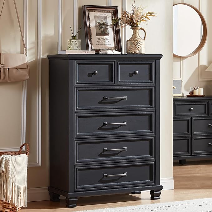 Farmhouse Bedroom Dresser and Nightstand Set of 4, 6 Drawer Tall & Low Dresser & 2 Drawer Nightstand Set, Rustic Wood Furniture Set for Bedroom, Hallway, Black
