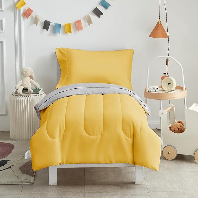 UOZZI BEDDING Yellow 4 Pieces Toddler Bedding Set Ultra Soft and Breathable Toddler Sheet Set - Includes Comforter, Flat Sheet, Fitted Sheet and Pillowcase (Yellow with Gray)
