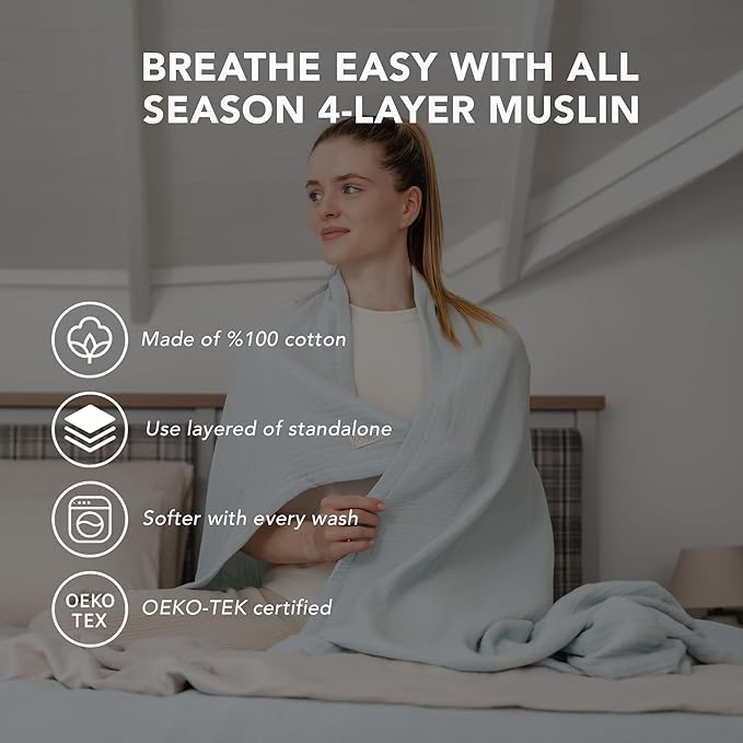 Goqan Muslin Blanket Twin 55x79 – 100% Cotton 4 Layer Boho Muslin Blanket for Adults, Lightweight, Soft, Breathable, for Bed, Couch - Sage Green