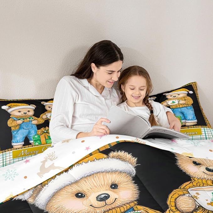 Feelyou Merry Christmas Comforter Set All Season Cute Bear Bedding Set with 1 Pillow Cases Microfiber Kids Twin Bedclothes Winter Bedroom Decor Duvet Quilt Breathable Soft