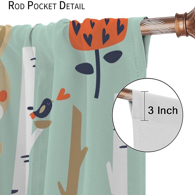 Cute Animals Curtains, Cartoon Fox Hedgehog Hare Forest Trees Blackout Window Treatments, Rod Pocket Thermal Insulated Drapes 2 Panel Sets for Kids Bedroom Nursery Classroom, 63" W X 72" L