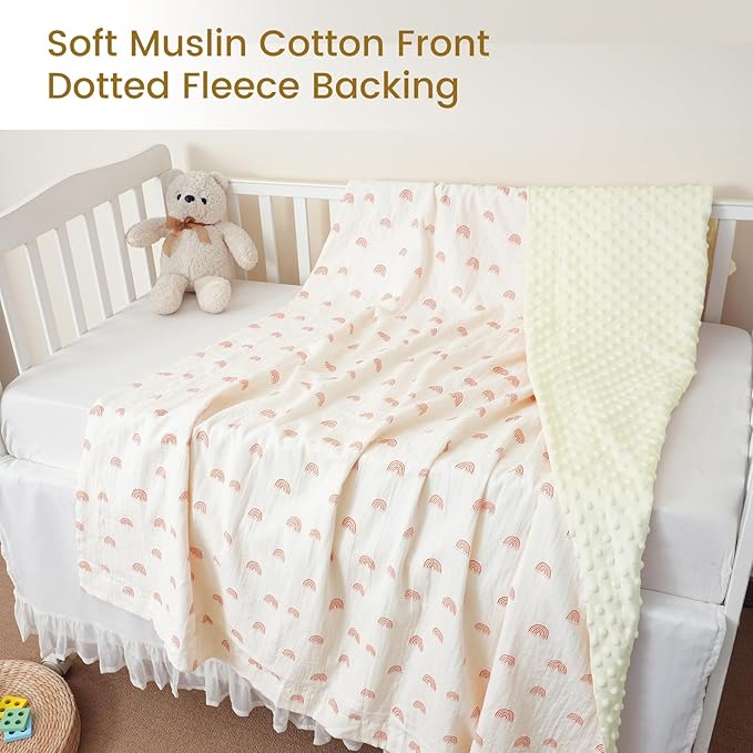 david's kids Muslin Minky Baby Blanket for Boys Girls with Muslin Cotton Front and Dotted Fleece Backing, Breathable and Soft Lightweight Receiving Blanket for Newborns, 40x50 Inches, Rainbow