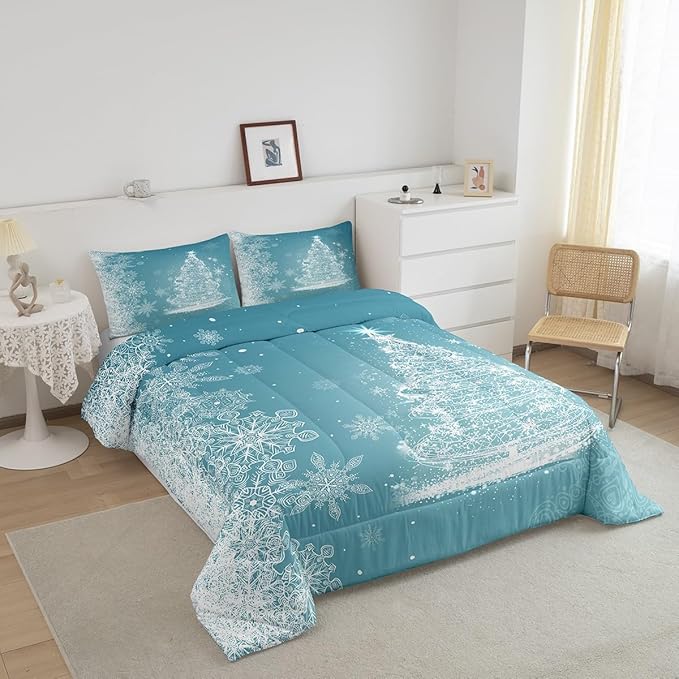 Castle Fairy Merry Christmas Comforter Set Queen Size,Glitter Xmas Trees Shiny Light Decor Bedding Set for Women Adult,Blue Shiny Stars Snowflake Luxury Bed Duvet Insert, 2 Pillowcases