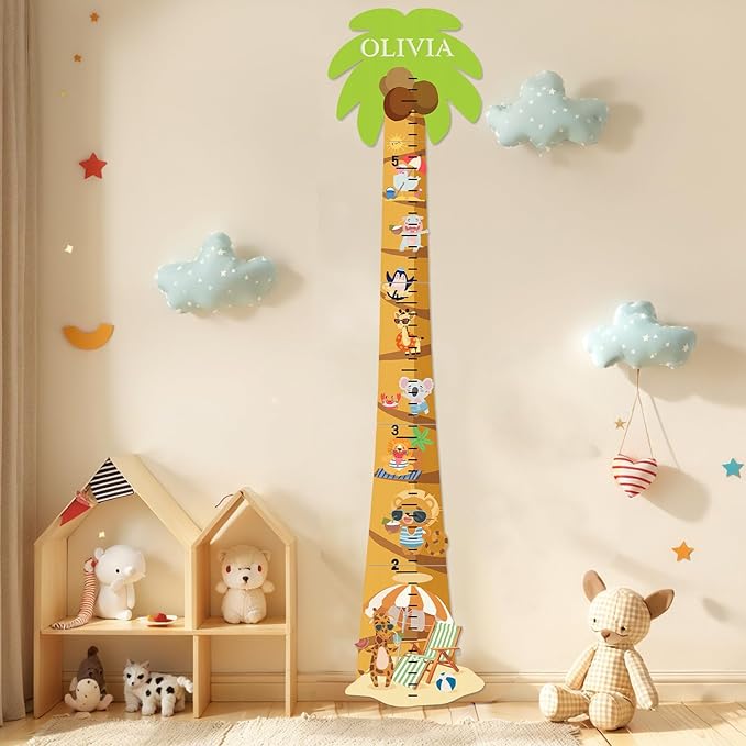 Personalized Name Growth Chart for Kids, Coconut Beach Children's Height Growth Chart Wall Board, Precision Height Measuring Instrument for Nursery Room, Removable and Easy to Store