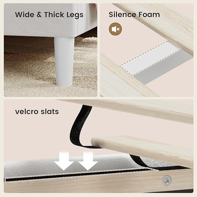 ADORNEVE Full Bed Frame with LED Lights, Princess Velvet Upholstered Platform Bed for Girls, Headboard with Charging Station & Guardrail & Crystal Button, No Box Spring Needed,Beige