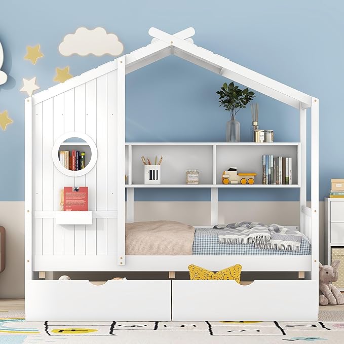 Linique Wooden Twin Size House Bed with 2 Drawers and Storage Shelf,Twin Platform Bed Frame with Pitched Roof,White