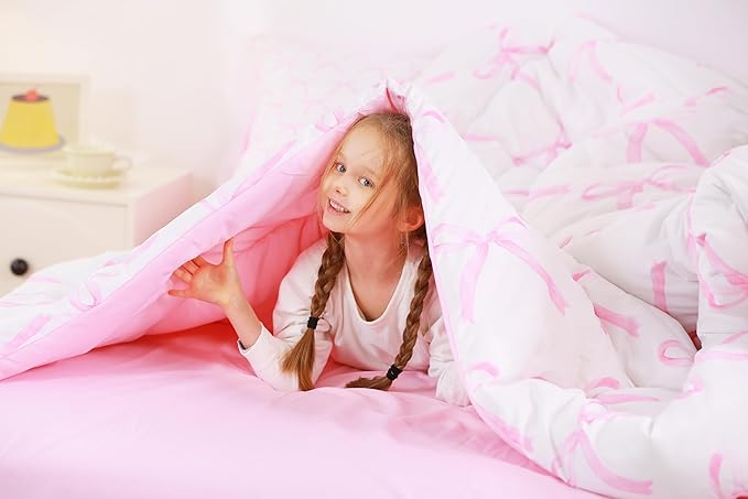 7 Pieces Cartoon Bowknot Kids Comforter Twin,Pink Bow Tie Butterfly Knot Princess Bedding Set,Watercolor Bow Patchwork Pink White（Comforter+Fitted+Flat Sheet+2 Pillowcases+2 Throw Pillow Covers）