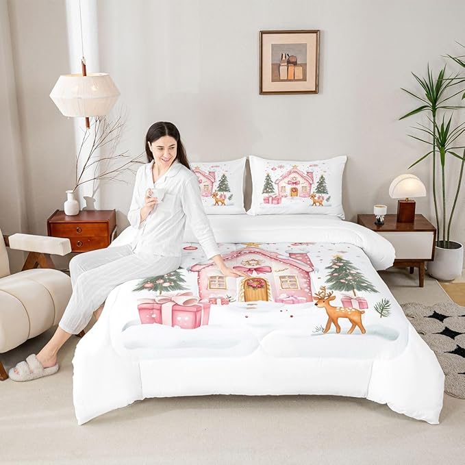 Feelyou Gingerbread House Bedding Set Soft for Boys Girls, Christmas Tree Comforter Set Twin Size Reindeer Duvet Quilt Microfiber Snowflake Bedroom Decor Holiday Scene 2 Pcs with 1 Pillow Cases