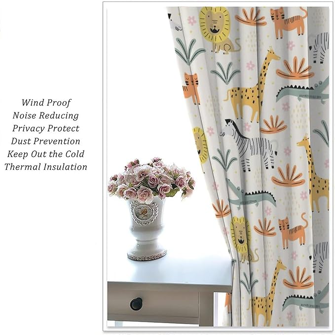 Wild Animals Curtains, Cute Cartoon Animals Zoo with Lion Zebra Crocodile Cat and Giraffe Tropical Jungle Plant Print Window Treatments for Kids Boys Girls Bedroom Living Room 42x63in