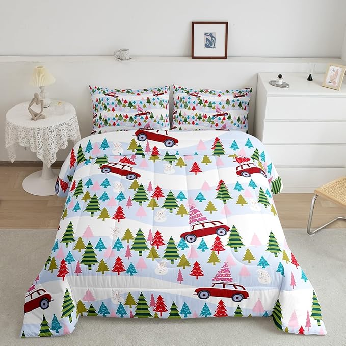 Feelyou Christmas Trees Bedding Set for Kids Boys Girls Full Size Christmas Truck Comforter Set Ultra Soft Winter Snowman Comforter Xmas Duvet Quilt Bedroom Decor Christmas Ornaments Quilt