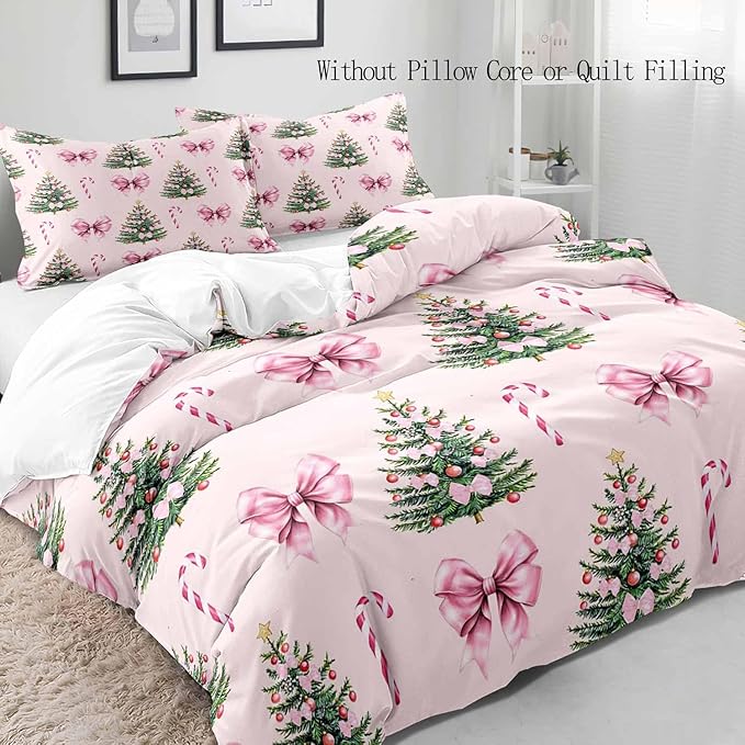 LUVIVIHOME 3PCS Pink Bow Christmas Tree Duvet Cover Queen Bedding Sets, Teen Girls Bedding, Xmas Tree Candy Cane Winter Holiday Christmas Comforter Cover, Coquette Room Decor Aesthetic, 2 Pillow Shams