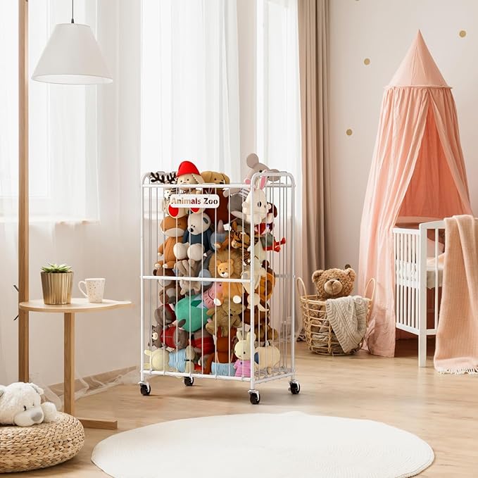 210L Stuffed Animal Storage Organizer Plush Toy Storage Organizer Stuffed Animal Holder, Kids Toy Bins with Wheels, Metal Frame and Elastic Cord Design, Suitable for Storage of Big Toys