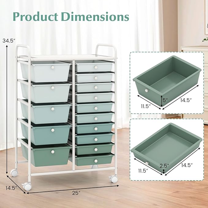 RELAX4LIFE 15-Drawer Storage Drawer Carts - Mobile Rolling Utility Cart w/Wheels, Craft Organizer for Classroom Organization and Storage, School, Office, Home, Storage Organizer Cart (Gradient Green)