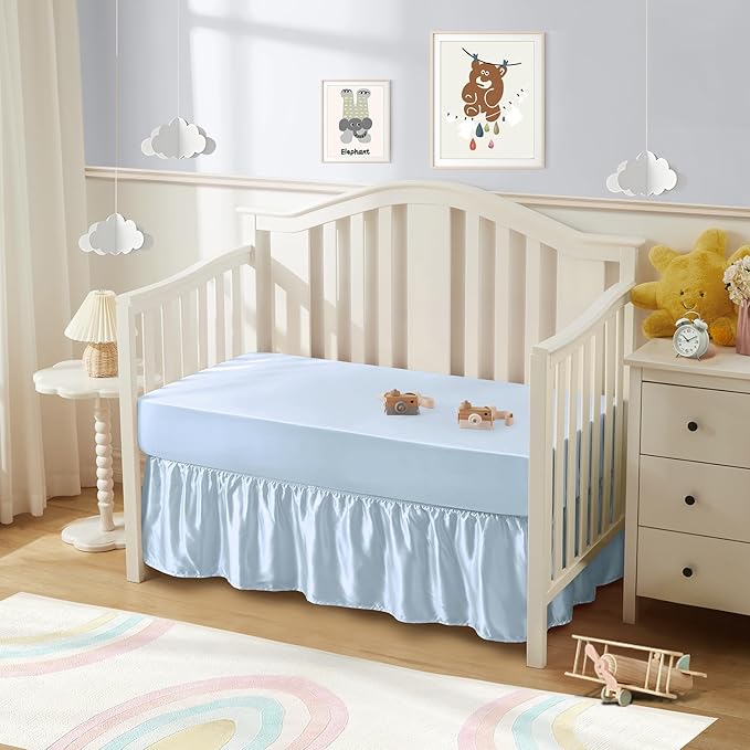 SiinvdaBZX 2-Piece Set Satin Crib Sheets & Crib Bed Skirt, 52" x 28" Silky Soft Ruffled Baby Crib Skirt with Adjustable Elastic 14" Drop, Fit for Standard Crib & Toddler Bedding (Baby Blue)