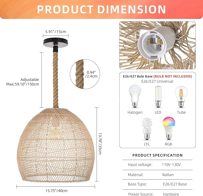 Arturesthome Natural Rattan Pendant Light for Kitchen Island, Woven Lamp Shade Chandelier, Hanging Ceiling Light, Handmade Lampshade Rope Lamp D15.7in*13.7in