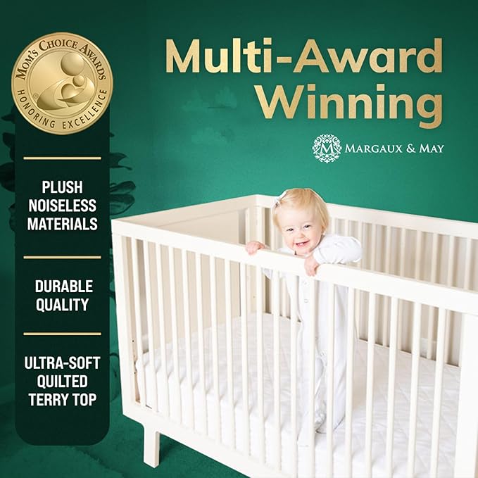 Margaux & May Crib Mattress Protector Pad - Ultra-Soft Waterproof Breathable Premium Bamboo Rayon - Noiseless Fitted Dryer Safe Cover. High Absorbency Oeko-TEX Certified (28 x 52 x 9 inches)
