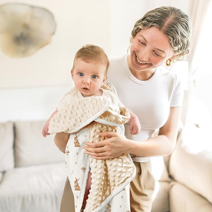 lulumoon Baby Blankets for Newborn Unisex: Thermal Minky Dotted Backing with Bunny Print - Muslin Receiving Blanket for Baby Essential & Registry Gift 30"x40"(Bunny)