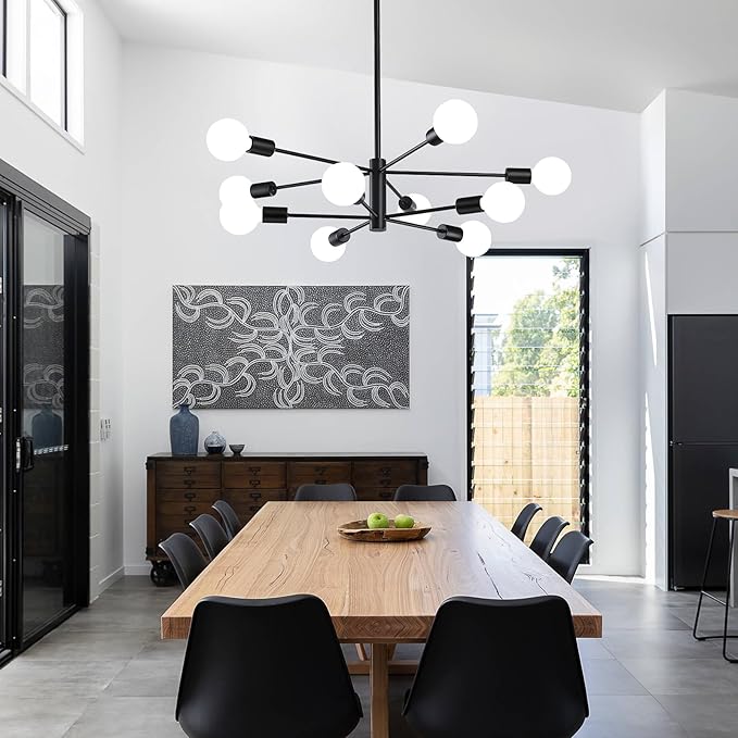 Modern Sputnik Chandeliers Light, 10-Light Black Chandeliers for Dining Room, E26 Height Adjustable Chandelier Ceiling Lighting Fixture for Farmhouse Kitchen Island Living Room Foyer