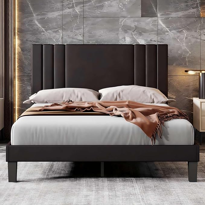 Tyndall Full Size Bed Frame, Faux Leather Upholstered Platform with Headboard, Black