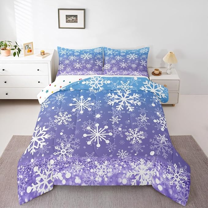 Feelyou Blue and Purple Snowflake Bedding Set Soft for Boys Girls, Winter Snowflake Comforter Set Full Size Christmas Duvet Quilt Microfiber Holiday New Year Bedroom Decor 3 Pcs with 2 Pillow Cases