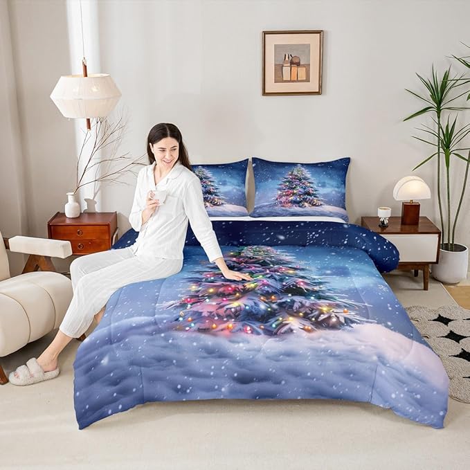 Feelyou Christmas Comforter Set All Season Xmas Tree Bedding Set with 1 Pillow Cases Colored Light Strips Microfiber Kids Toddler Bedclothes Snowflake Bedroom Decor Duvet Quilt Breathable Soft