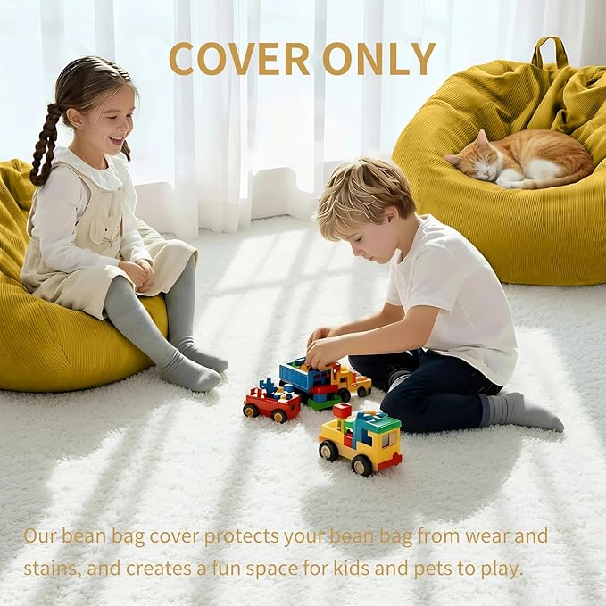 Nobildonna 3 ft Bean Bag Chair Cover (No Filler) 35"×43" Large Stuffed Animal Storage Bean Bag Washable Big Beanbag Chair Cover Premium Corduroy Stuffable Bean Bag Cover for Adults,Kids,Yellow 300L