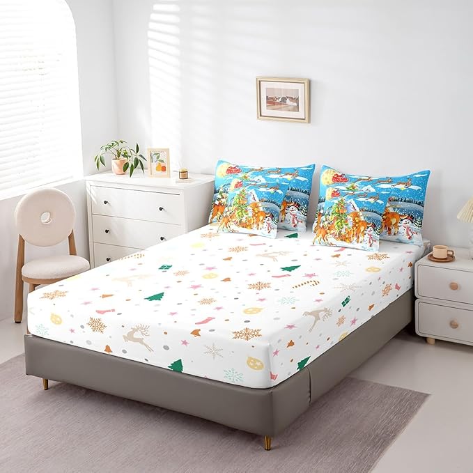 Christmas Decorations Bed in a Bag Xmas Deer Pine Tree Bed Set for Kids Boys Girls Merry Christmas Comforter Set with Sheets Winter Festival Present Bedding Set Bedding Queen Size