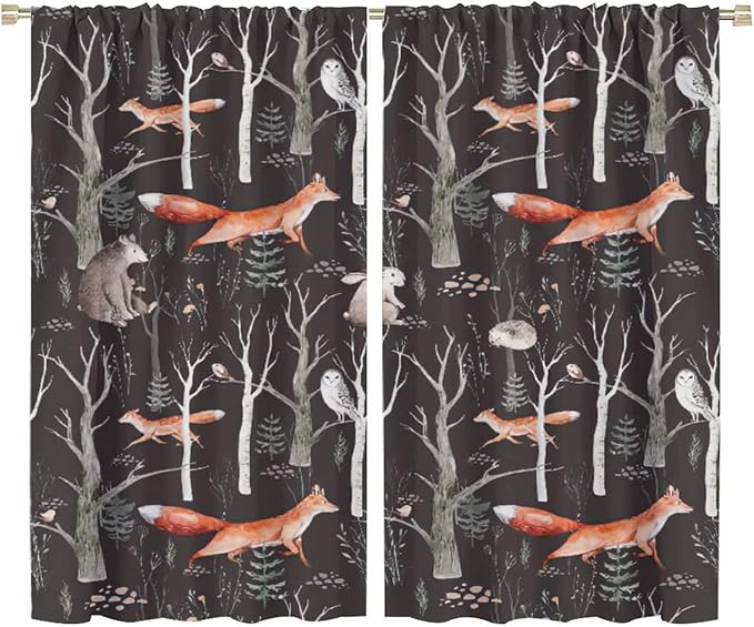 Rustic Forest Curtain, Woodland Country Hunting Animal Deer Fox Wildlife Bear Farmhouse Lodge Cabin Blackout Rod Pocket Windows Door Curtain for Bedroom Living Room Home Decor 72x63in