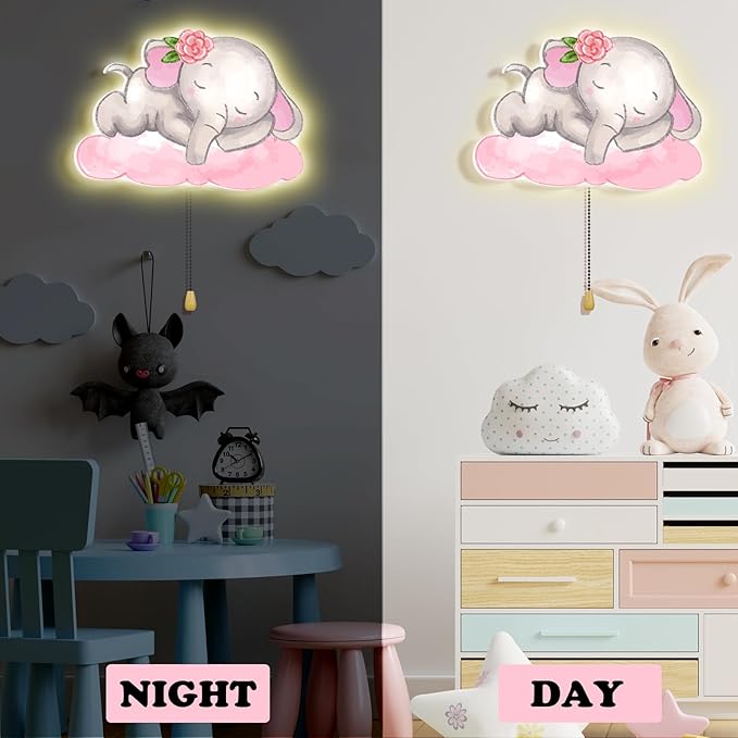 Elephant Night Light Wall Lamp Sleeping Nursery Lighting Cute Floating Battery Operated Hanging Lamp for Baby Boys Girls Bedroom Room Nursery Wall Decorations