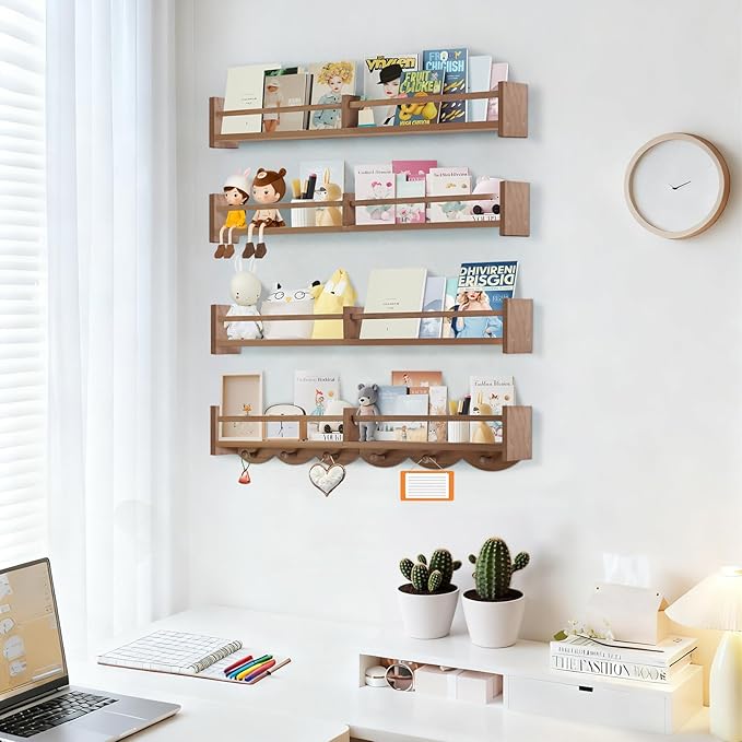 34Inch Nursery Book Shelves Wall Mounted, Floating Book Shelf for Kids Coat Rack with 6 Hooks, Wall Hanging Shelf for Baby Nursery Room Organizer ，Patent Number:US-D1058229-S(4, Light Brown)