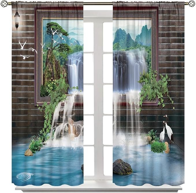 Waterfall Blackout Window Curtains, Tropical Rainforest Jungle Plants Forest Wild Nature Landscape Window Drapes, for Living Room Bedroom 42x45in 2 Panels