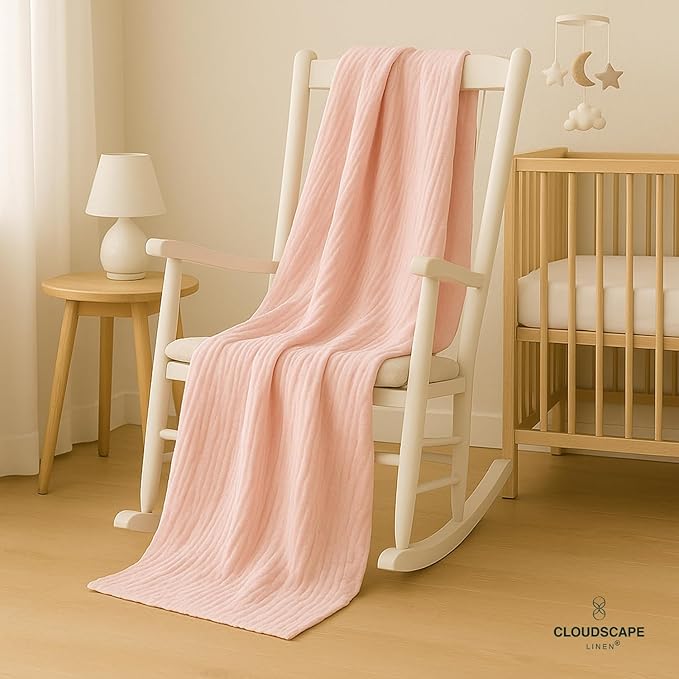 Cloud Scape Linen Extra Large 4 Layer Muslin Throw Blanket - 100% Cotton Gauze, Lightweight & Breathable All Season, Pre-Washed, for Couch & Bed, 50x70, Seashell Pink