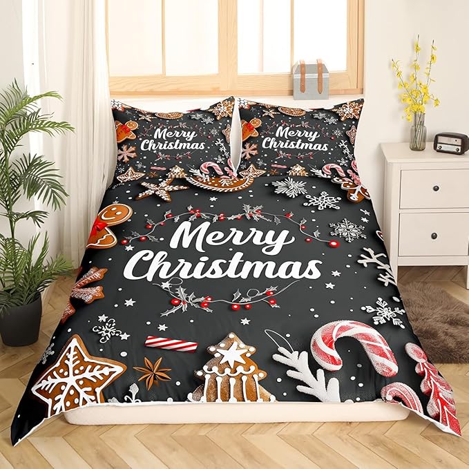 Manfei Christmas Bedding Set 3pcs for Kids Girls Red Cartoon Gingerbread Man Printed Comforter Cover Festival Duvet Cover Set Microfiber Bedspread Cover with 2 Pillow Cases(No Comforter) Full Size