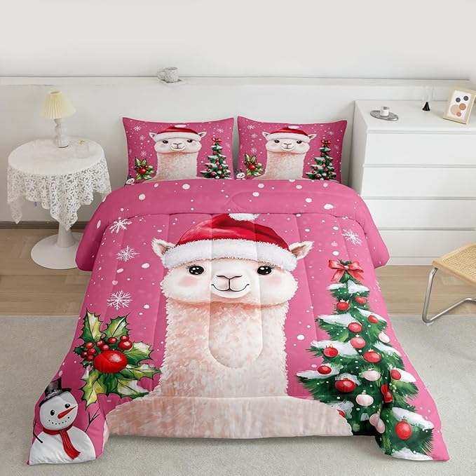 Feelyou Merry Christmas Bedding Set Soft for Boys Girls, Cute Llama Comforter Set Toddler Size Snowflake Duvet Quilt Microfiber Christmas Tree Bedroom Decor 2 Pcs with 1 Pillow Cases