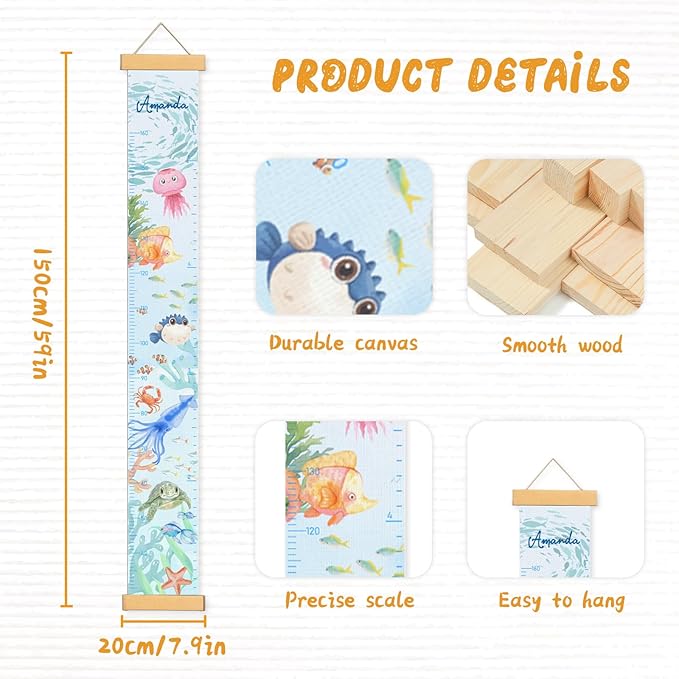Personalized Name Growth Chart for Wall, Painted Marine Animals Canvas Height Chart for Kids Baby Child Toddler, Canvas Growth Chart for Wall Nursery Decor, Hangable & Waterproof
