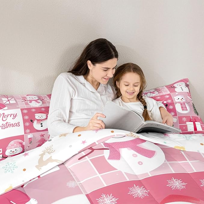 Xmas Comforter Set Queen Size,Snowman Christmas Tree Snowflake Bedding Set for Kids Boys Girls Room Decor,Pink Plaid Patchwork Duvet Insert 3Pcs,Merry Christmas Cartoon Quilt Set,2 Pillowcases