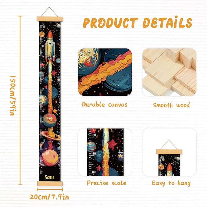 Personalized Name Kids Growth Chart, Watercolor Animal Canvas Baby Height Growth Chart Wall Decor for Baby Kids Toddlers (Rocket)