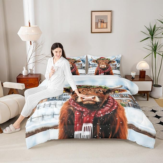 Feelyou Merry Christmas Bedding Set Soft for Boys Girls, Highland Cow Comforter Set Queen Size Snowflake Duvet Quilt Microfiber Winter Bedroom Decor 3 Pcs with 2 Pillow Cases