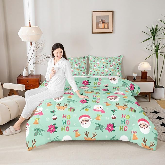 Feelyou Christmas Decor Bedding Set Soft for Boys Girls, Happy New Year Comforter Set Full Size Santa Claus Duvet Quilt Microfiber Bedroom Decor 3 Pcs with 2 Pillow Cases
