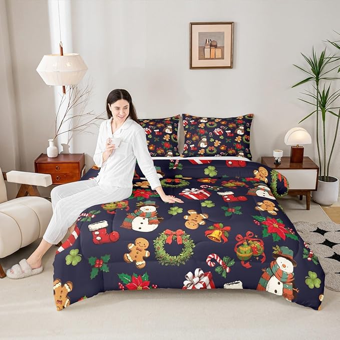 jejeloiu Merry Christmas Comforter Set Queen Size Cute Snowman Bedding Set for Kids Boys Girls Gingerbread Man Duvet Quilt Dark Blue Bedroom Decor