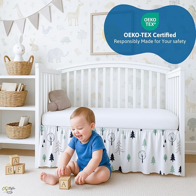 Cottington Lane Crib Skirt Dust Ruffle, 100% Natural Cotton, Soft, Durable Nursery Crib Toddler Bedding Skirt for Baby Girls or Boys, Fits Standard Cribs 28" x 52" with 14" Drop, Winter Forest
