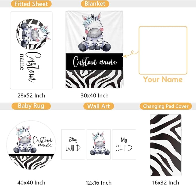 Personalized Baby Crib Bedding Set, 5 Pcs Custom Name Nursery Bedding Set, Striped Zebra Baby Bedding Set for Girls Boys, Double Layer Flannel Baby Crib Set, Toddlers Infants Customized Gifts