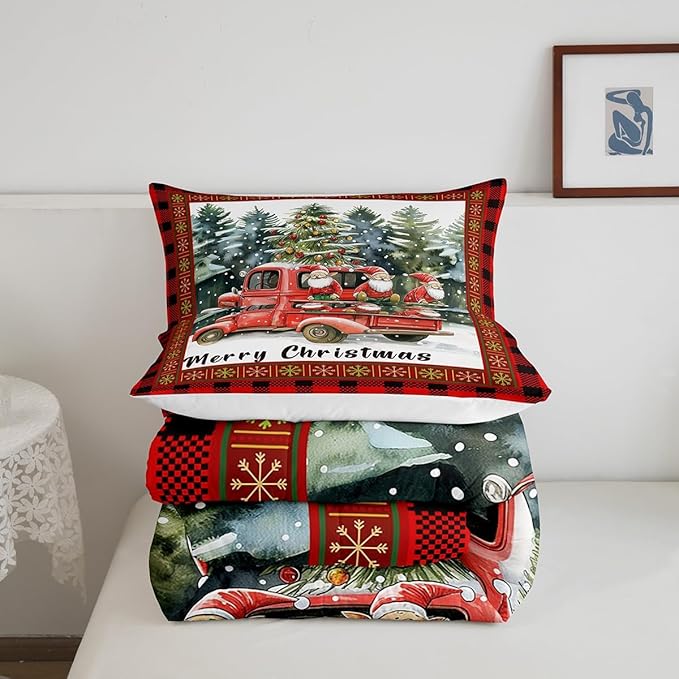 Merry Christmas Bedding Set Full Size,Retro Red Truck Christmas Tree Comforter Set for Kids Boys Girls Room Decor,Gnome Snowflake Xmas Duvet Insert 3Pcs,Black Red Plaid Quilt Set,2 Pillowcases